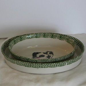 2 Vintage Teamson Baking Casserole Dish Oval Bowl Cow Art Farm Country 1995